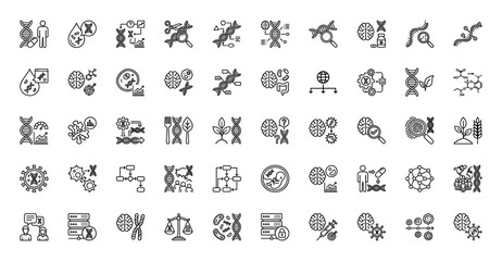 Genetics line icon set. Vector pictograms of DNA helix, gene editing, microscope, cell, brain, bioinformatics and laboratory research, thin linear illustration.