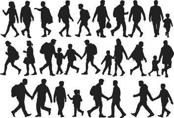 Fototapeta premium Silhouettes of diverse people walking, isolated, black and white vector art representing community, movement, families, and everyday life in modern society.