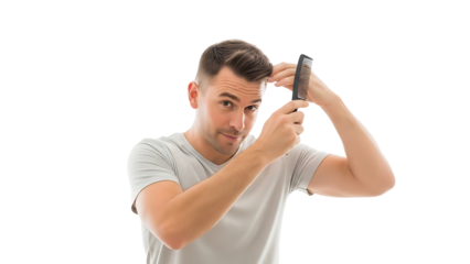 Man combing hair routine grooming hairstyle tutorial styling tips and products for men hair care guide on transparent background