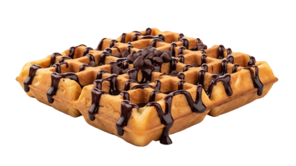 Delicious waffle with chocolate syrup and chips perfect for breakfast or dessert food photography on transparent background