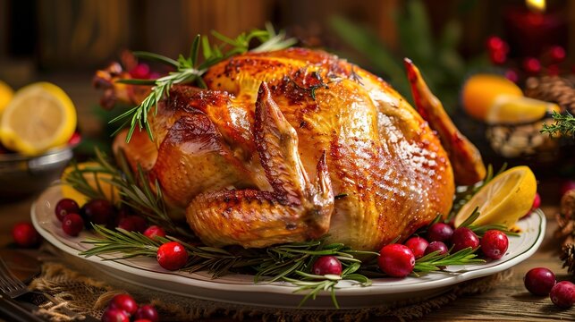 Holiday table scene with roasted turkey garnished with rosemary, lemon, and fresh cranberries