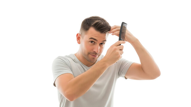 Man combing hair routine grooming hairstyle tutorial styling tips and products for men hair care guide on transparent background