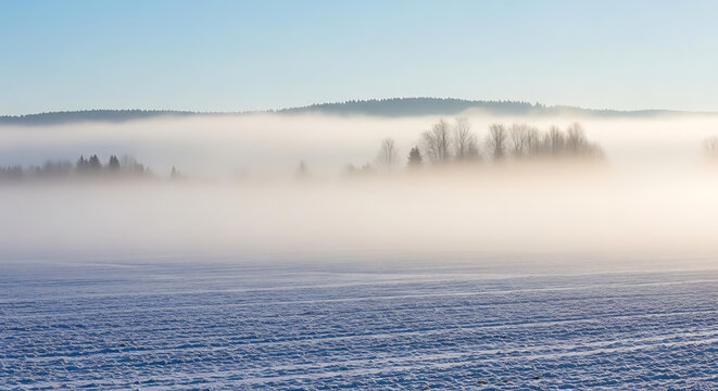 A snowy field with fog covering trees and hills under a clear blue sky on a cold winter morning ai generated