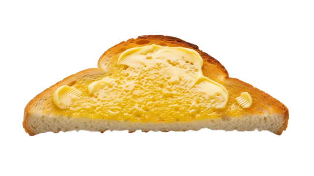 Buttered toast breakfast food photography golden brown delicious bread slice melted butter close up view on transparent background