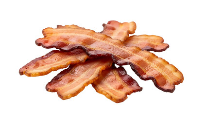 Crispy bacon strips cooked breakfast food pork product delicious meat slices isolated on black background on transparent background