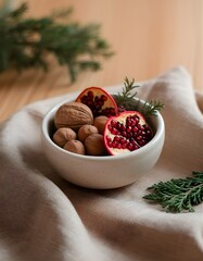 Rustic Winter Close-Up with Nuts and Dried Fruit on Linen Cloth 