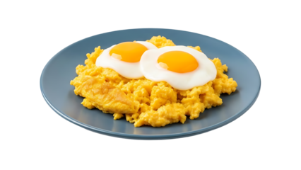 Delicious scrambled eggs recipe with sunny side up eggs on blue plate food photography style yummy breakfast on transparent background