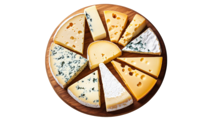 Assorted cheese slices arranged on wooden board isolated on a transparent background