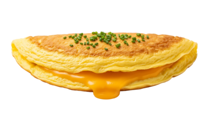 Delicious cheesy omelette breakfast recipe with chives garnish food photography close up studio shot view 100 on transparent background