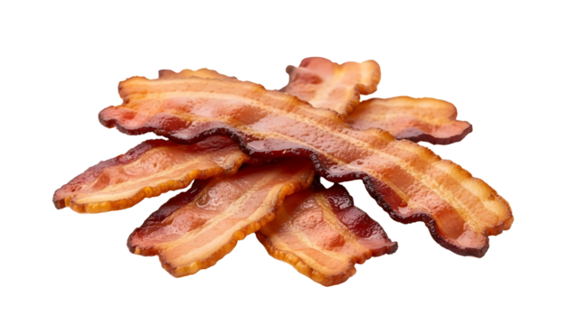 Crispy bacon strips cooked breakfast food pork product delicious meat slices isolated on black background on transparent background - Powered by Adobe