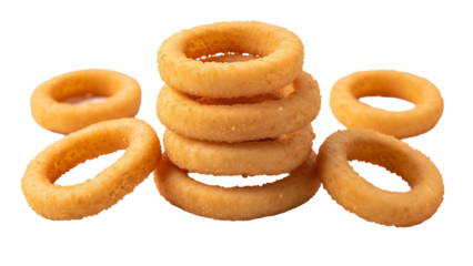Delicious crispy fried onion rings food photography snack appetizer fast food restaurant menu image 100 characters on transparent background