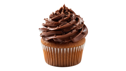 Chocolate cupcake dessert recipe with frosting and sprinkles for birthday party sweet treat idea on transparent background