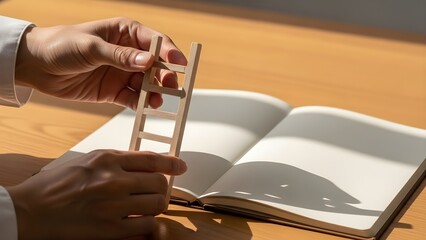 A person holds a miniature wooden ladder over a blank open journal on a sunlit desk, symbolizing the steps needed for progress, planning goals, and seeking daily encouragement toward success and asce