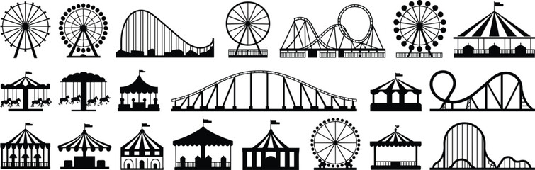 Amusement park silhouette icons, Ferris wheel, roller coaster, carousel, circus tent, castle, balloon, vector graphic set, festive elements