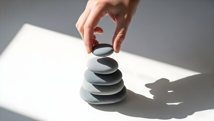 A hand carefully places the top smooth grey stone onto a stack of balanced rocks, illustrating focus, achievement, and stability. The minimalist, high-contrast composition offers daily encouragement 