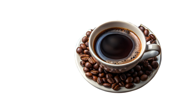 Invigorating cup of black coffee surrounded by roasted beans, perfect for a morning boost or cafe menu design, a delightful rich aromatic experience