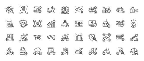 Financial fraud detection line icon set. Vector pictograms of cyber security, AI analysis, phishing, anti money laundering, compliance, risk management. Thin linear illustration.