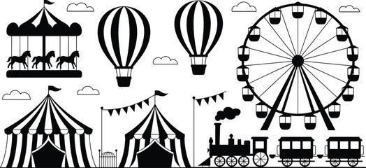 Carnival and amusement park silhouettes, Ferris wheel, carousel, circus tent, train, hot air balloon, vector icons, festive graphic elements