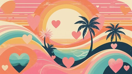california 70s abstract poster-style valentine&rsquo;s day illustration featuring geometric shapes, pastel rainbow gradients, sunburst forms, palm silhouettes and heart elements