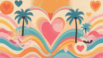 Naklejka premium california 70s abstract poster-style valentine’s day illustration featuring geometric shapes, pastel rainbow gradients, sunburst forms, palm silhouettes and heart elements