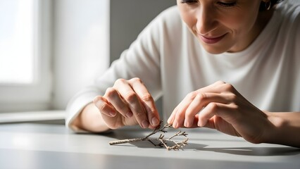 A smiling woman in a white shirt gently handles a tiny dried twig on a bright, minimalist desk, embodying the hope and focus required for daily encouragement and attention to small details.