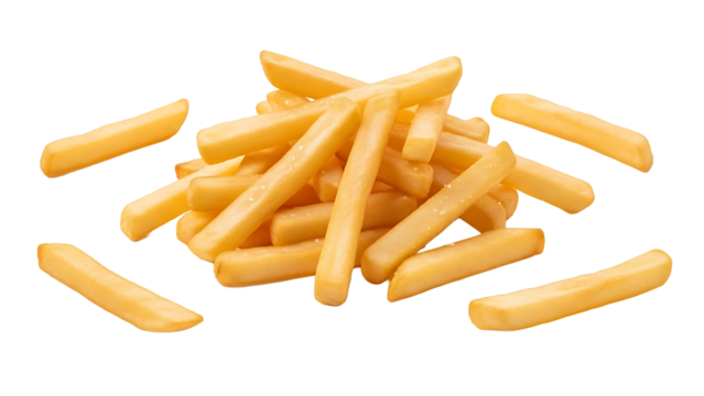Delicious crispy french fries golden potato chips snack food isolated on black background close up shot on transparent background