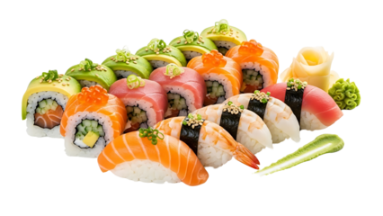 Delicious sushi platter with salmon tuna avocado shrimp nigiri and rolls for japanese food lovers on transparent background