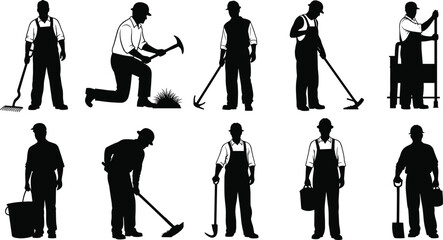 Set of Construction and Manual Labor Worker Silhouettes, Man Digging, Raking, and Working with Tools, Black and White Vector Illustration for Service and Industry Graphics