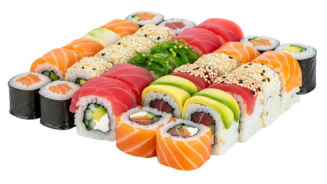 Delicious sushi platter with salmon tuna avocado and seaweed for japanese food lovers and sushi enthusiasts on transparent background