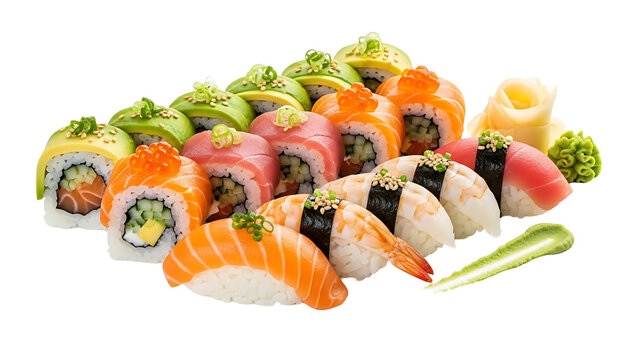 Delicious sushi platter with salmon tuna avocado shrimp nigiri and rolls for japanese food lovers on transparent background - Powered by Adobe