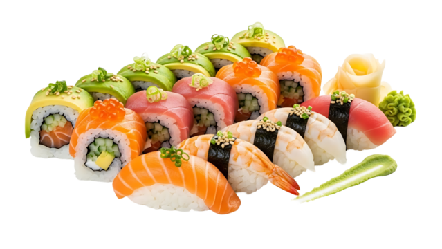 Delicious sushi platter with salmon tuna avocado shrimp nigiri and rolls for japanese food lovers on transparent background