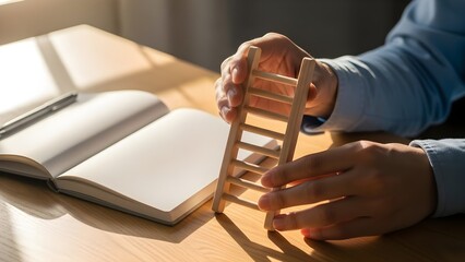 Hands placing a miniature wooden ladder onto a blank journal on a sunlit wooden table. This signifies planning, goal setting, and taking steps toward success, offering Daily encouragement for persona