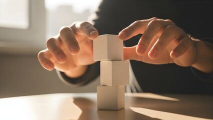 A person's hands delicately stack three blank white cubes, forming a tower on a sunlit table, symbolizing fundamental growth, daily encouragement, development, foundation, and stability.