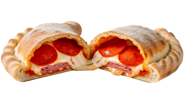 Delicious pepperoni and cheese calzone italian food baked dough yummy lunch dinner snack recipe idea 100 character on transparent background