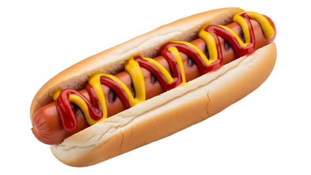Delicious hot dog with mustard and ketchup food photography for fast food restaurants and food blogs on transparent background