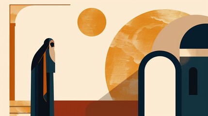 Contemporary religious art poster illustration of Saint Macarius,bold graphic design,limited color palette of desert orange,deep blue and gold,minimalist composition,modern OrthodoxChristian aesthetic