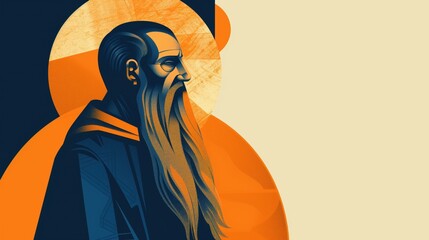 Contemporary religious art poster illustration of Saint Macarius,bold graphic design,limited color palette of desert orange,deep blue and gold,minimalist composition,modern OrthodoxChristian aesthetic