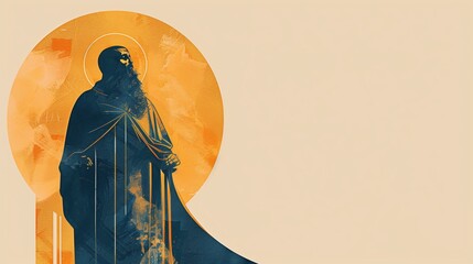 Contemporary religious art poster illustration of Saint Macarius,bold graphic design,limited color palette of desert orange,deep blue and gold,minimalist composition,modern OrthodoxChristian aesthetic