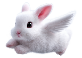 Fluffy white angel bunny hopping transparent image. Adorable little rabbit with wings leaping isolated cutout 3d render. Magical fantasy animal cut out clipart design element png