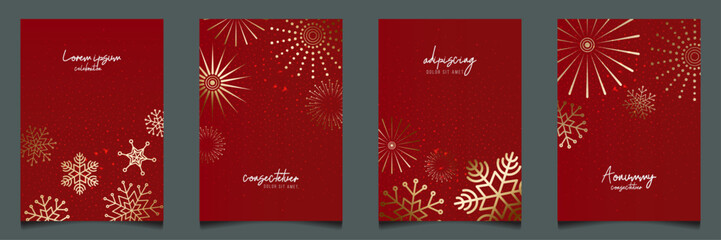 Elegant Red & Gold Christmas Cover Set with Snowflakes and Fireworks for winter celebrations, New Year promotions, and stylish festive branding.