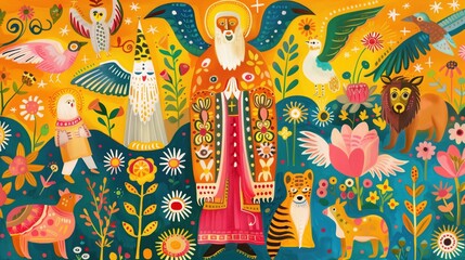 Traditional Eastern Orthodox folk art illustration of Saint Macarius surrounded by desert animals and angels, naive art style, bright vibrant colors, decorative floral patterns