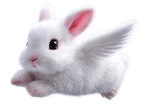 Fluffy white angel bunny hopping transparent image. Adorable little rabbit with wings leaping isolated cutout 3d render. Magical fantasy animal cut out clipart design element png - Powered by Adobe