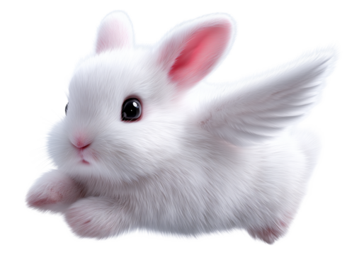 Fluffy white angel bunny hopping transparent image. Adorable little rabbit with wings leaping isolated cutout 3d render. Magical fantasy animal cut out clipart design element png - Powered by Adobe