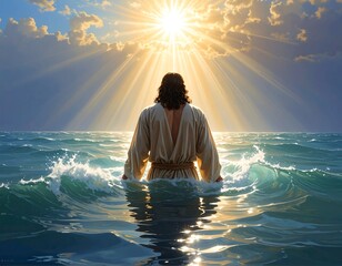 Jesus Christ emerging from the water with divine light and heavenly sky above