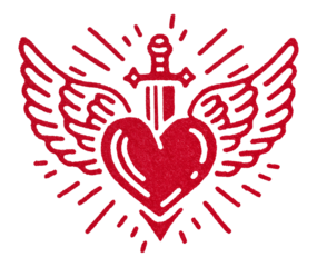 Retro winged red heart pierced by sword transparent image. Vintage tattoo-style love symbol with angel wings isolated cutout. Romantic emblem cut out clipart design element png