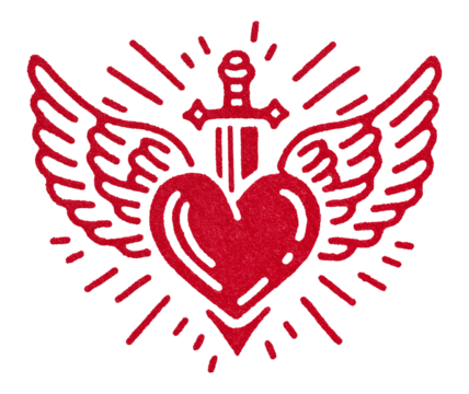 Retro winged red heart pierced by sword transparent image. Vintage tattoo-style love symbol with angel wings isolated cutout. Romantic emblem cut out clipart design element png
