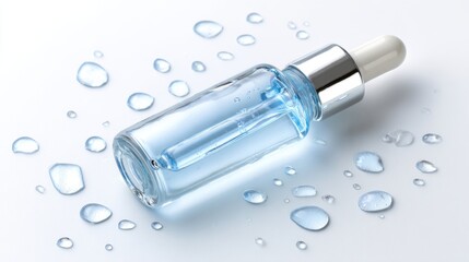 A glass dropper bottle contains blue liquid. Water droplets surround the bottle on a plain surface, creating a clean and fresh look. The setting highlights the product's design