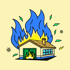 Cartoon House Engulfed in Blue Flames and Green Leaves.