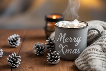 Inviting rustic environment featuring hot cocoa and seasonal ornaments