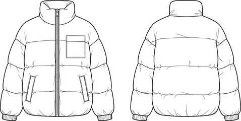 Black and white line drawing of a puffer jacket front and back view down jacket winter coat © Olaja Vector Vision